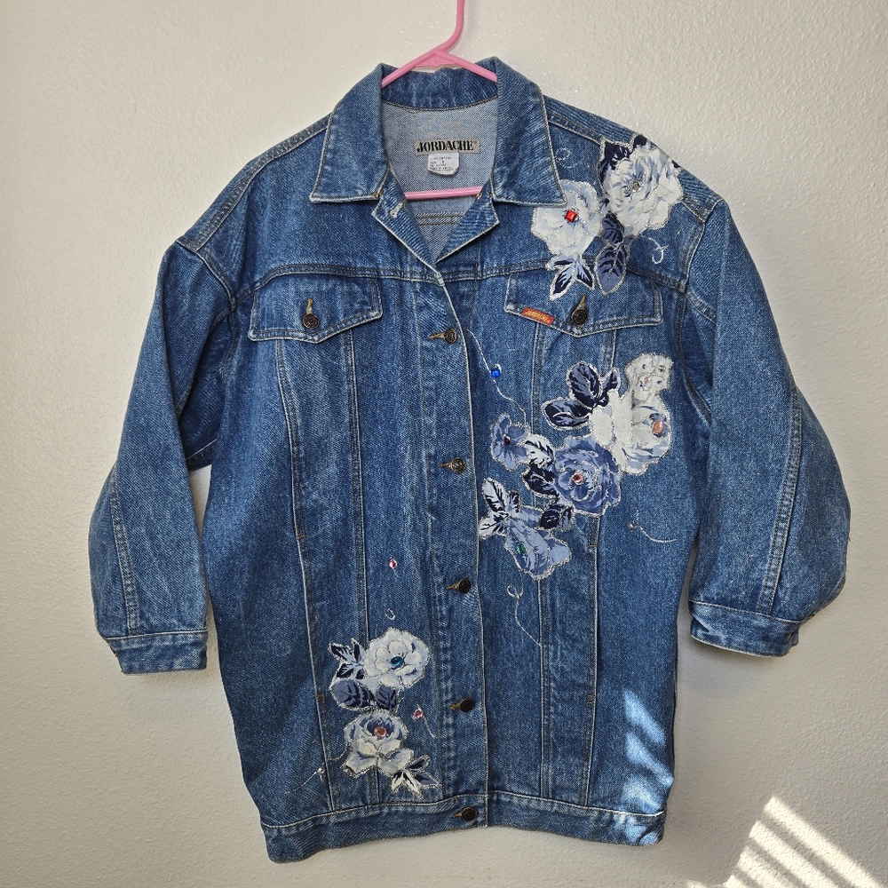 Vtg Jordache Jean Jacket 80s 90s Applique Glitter Rhinestone Long Oversized